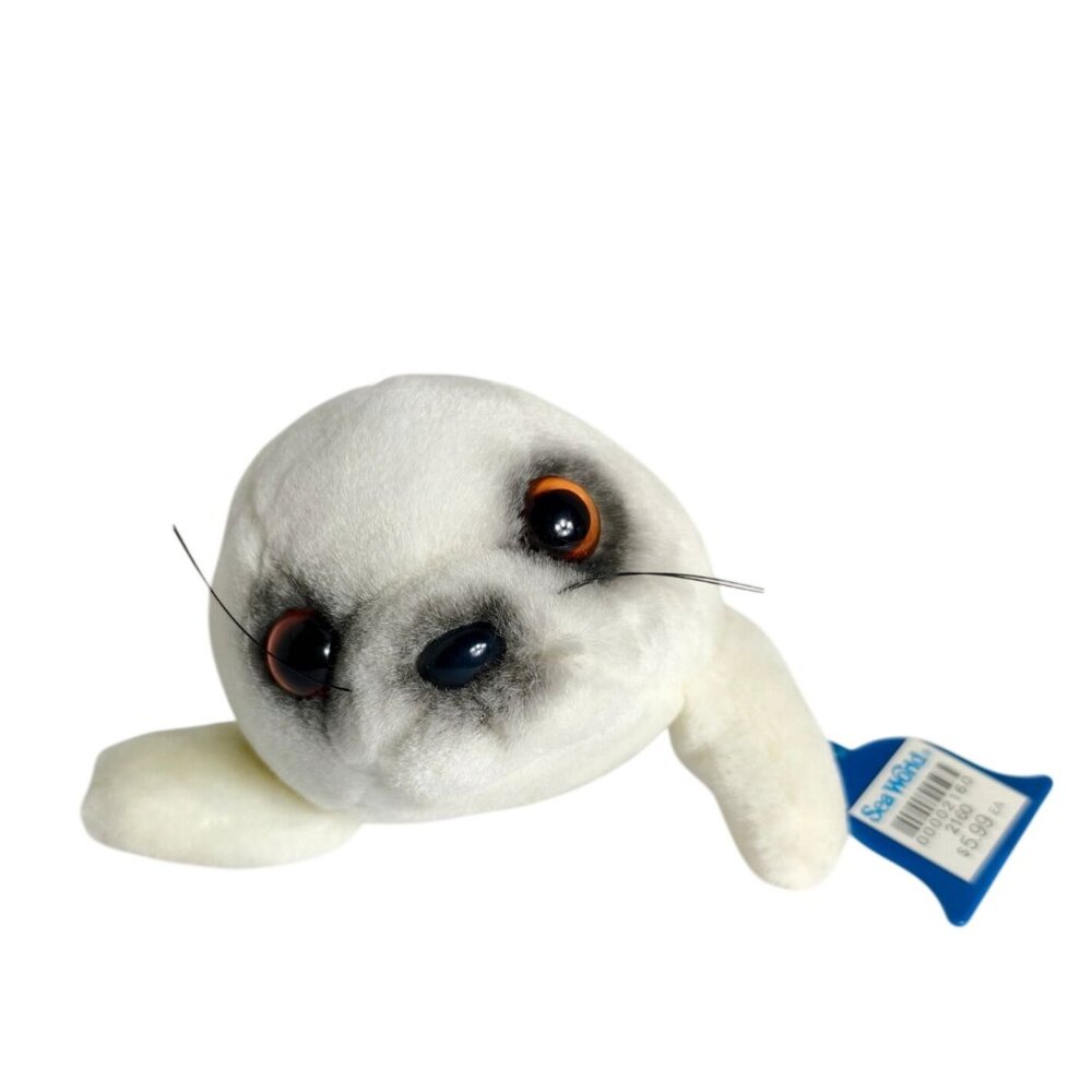 Vtg SeaWorld Soft White Seal Plush Toy With Big Eyes 8" Stuffed Animal HTF Rare